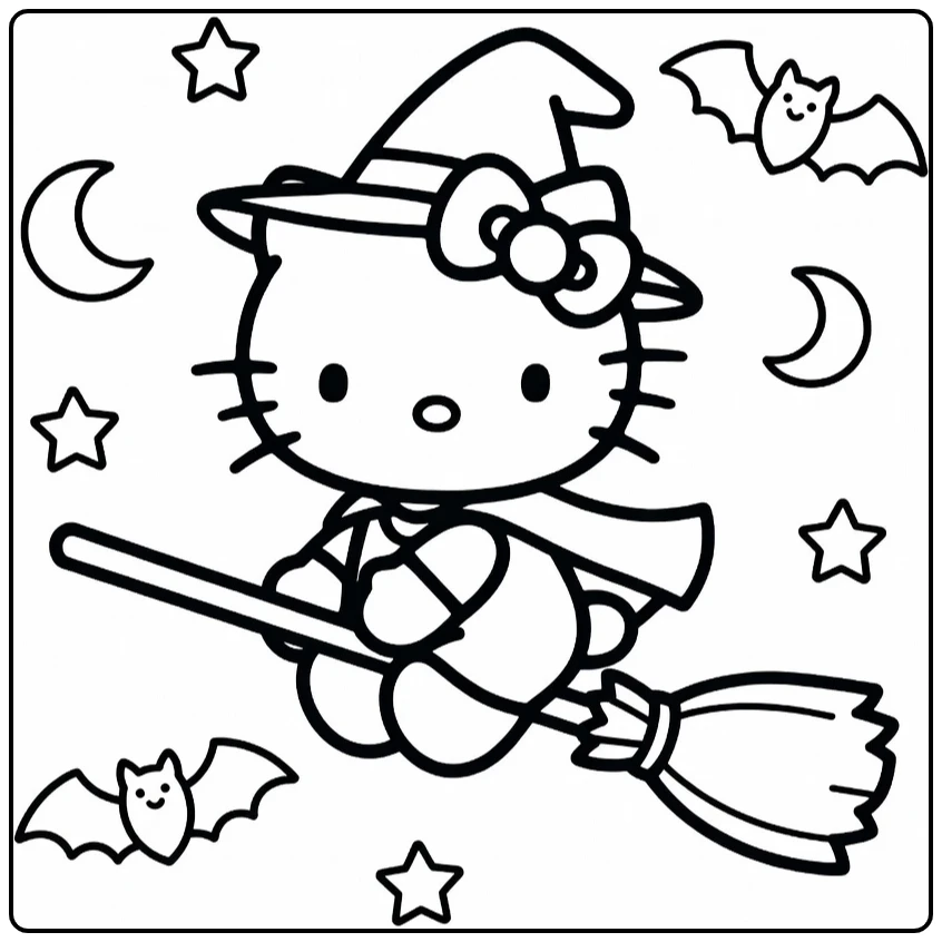Halloween Hello Kitty Witch with Bats coloring page