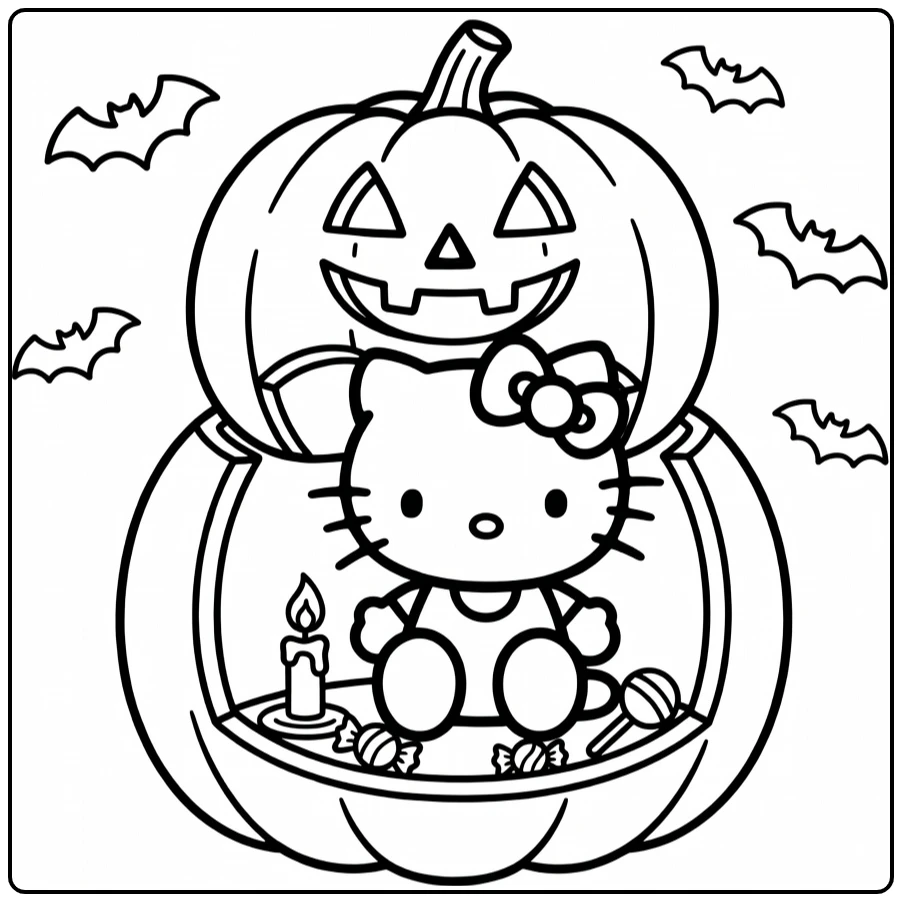 Halloween Hello Kitty Cozy Pumpkin House coloring page