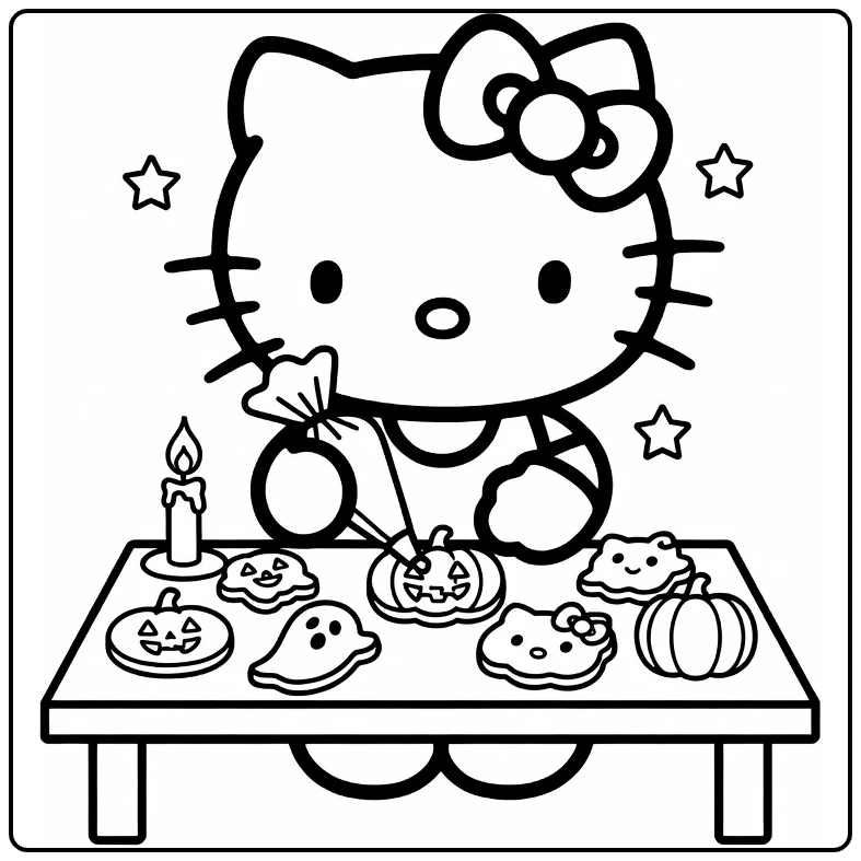 Halloween Hello Kitty Cookies Decorating Table Candle coloring page