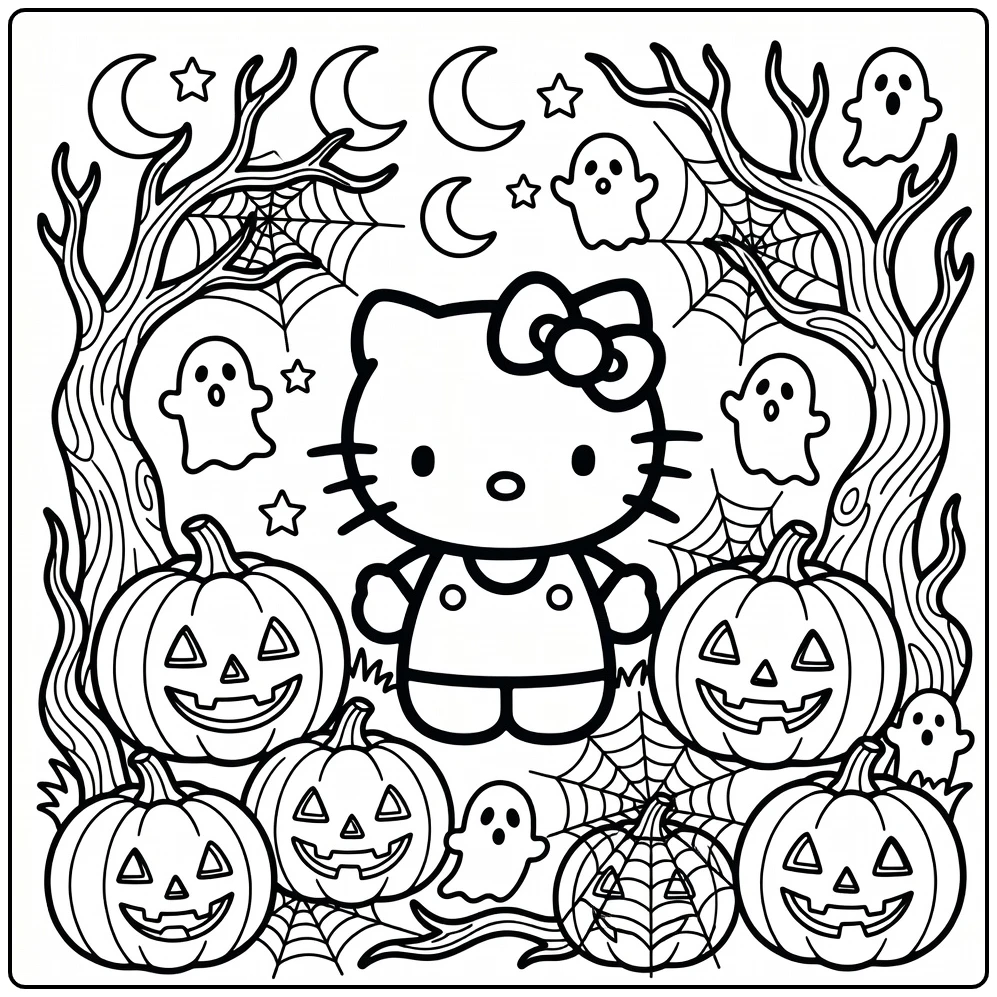 Halloween Hello Kitty with Cobwebs Moon Ghosts coloring page