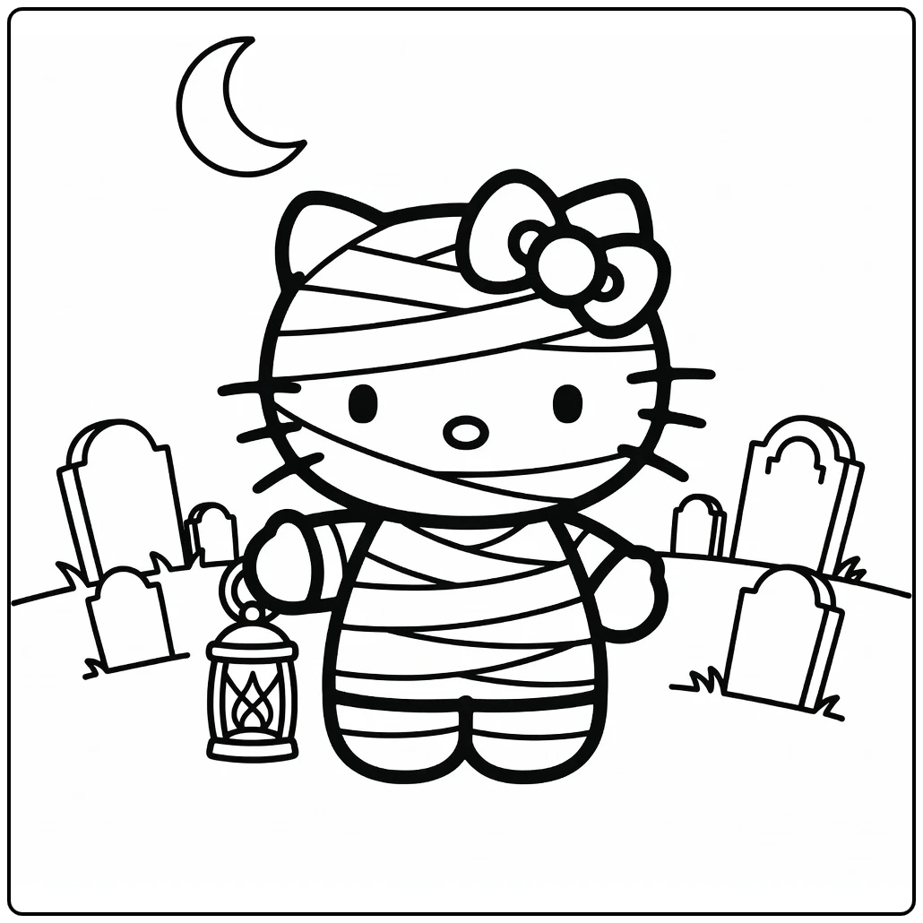 Halloween Hello Kitty Mummy with Lantern and Crescent Moon coloring page