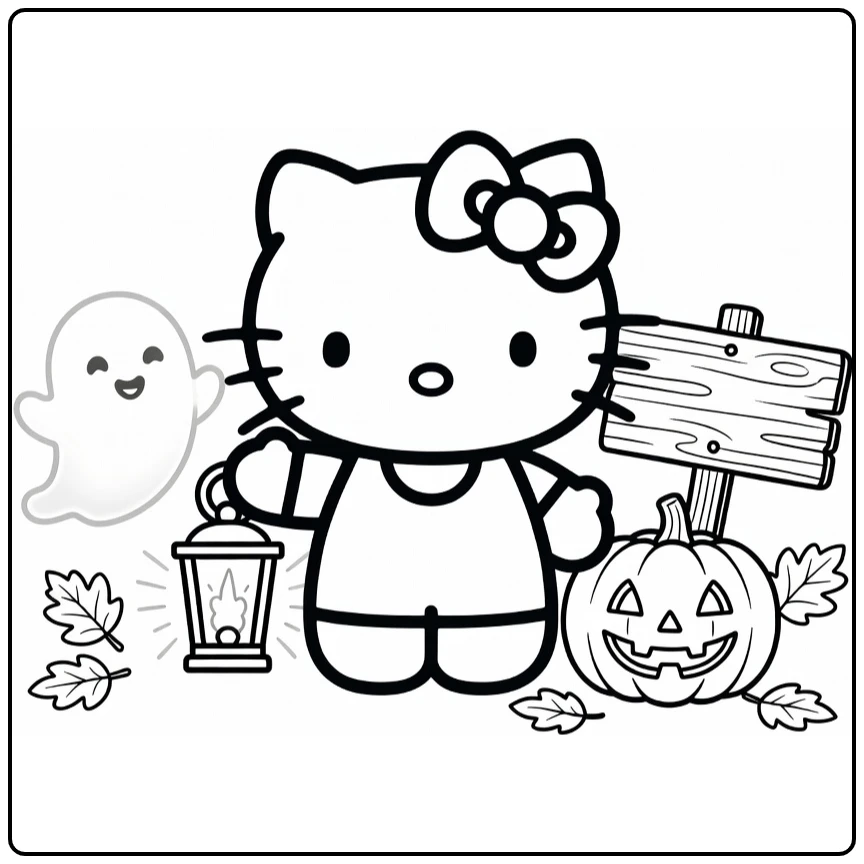 Hello Kitty Halloween coloring page with a lantern, friendly ghost, and pumpkin