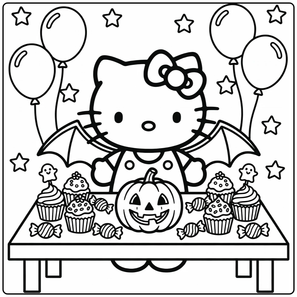 Halloween Hello Kitty on Party Table with Pumpkin coloring page