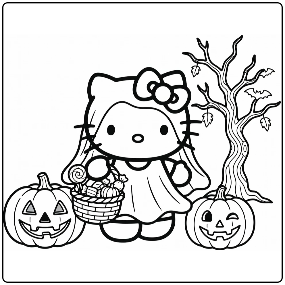 Halloween Hello Kitty Trick or Treat Along Ghost Tree coloring page