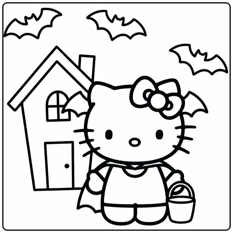 Halloween Hello Kitty Vampire Costume with Haunted House Bats coloring page