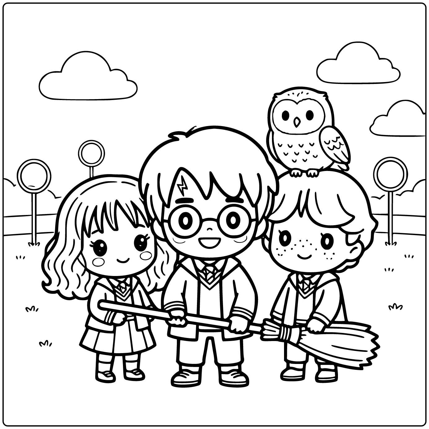 Cute Harry Potter Happily Holding a Broom coloring page