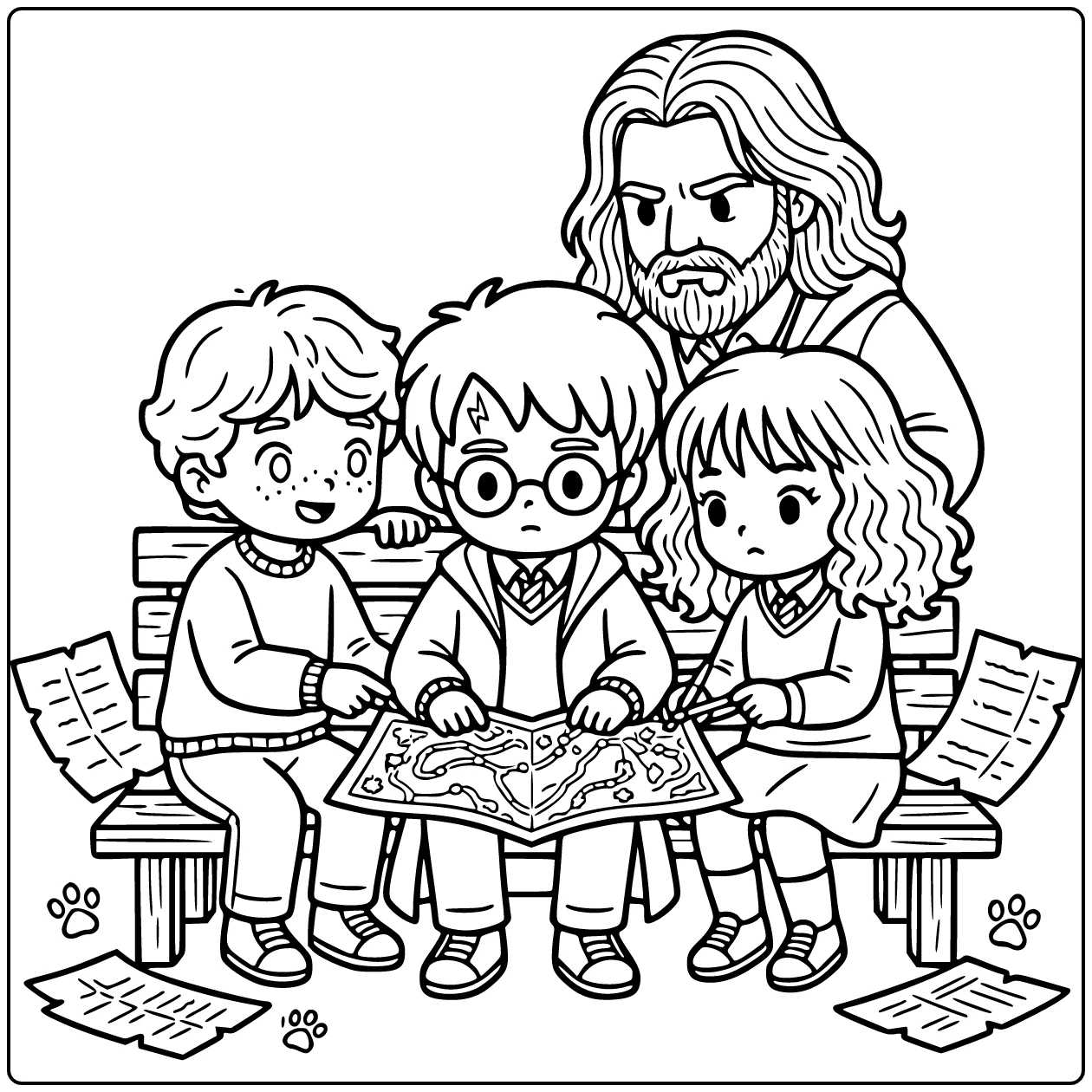 Cute Harry Potter with Magical Map and Ron coloring page