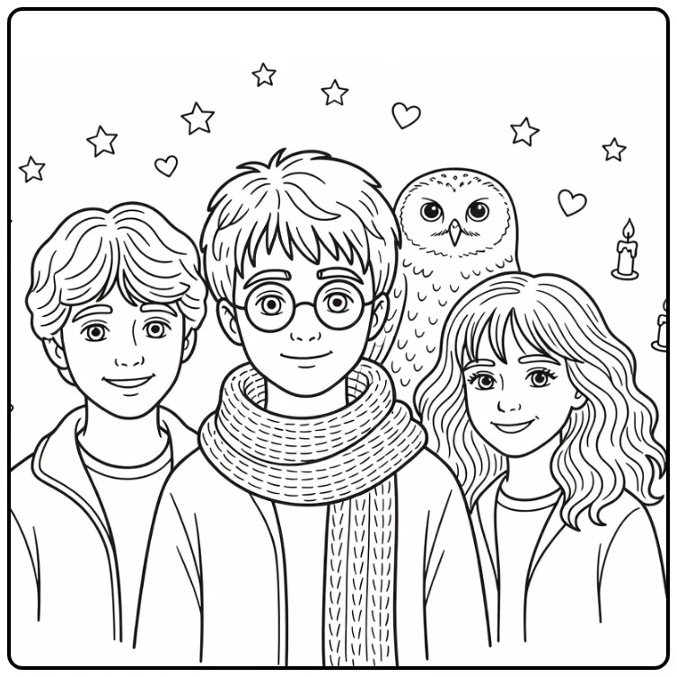 Cute Harry Potter with Scarf and Owl coloring page