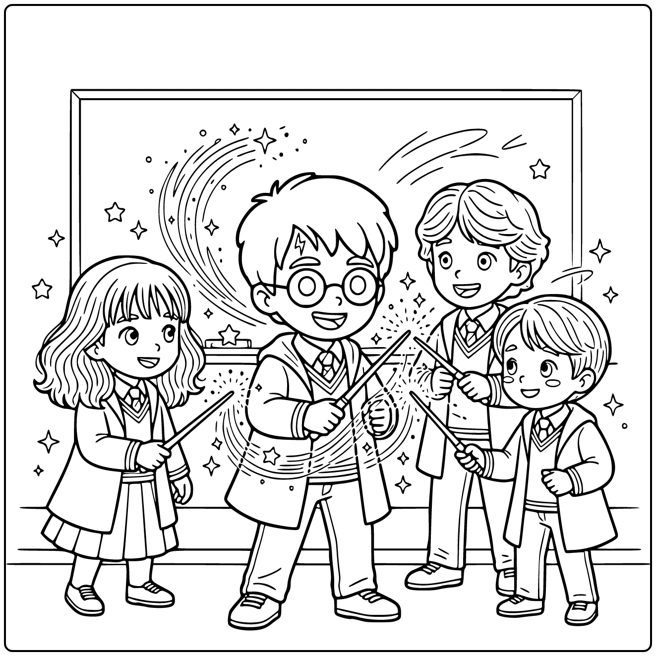 Cute Harry Potter Practicing Cheerful Spell coloring page