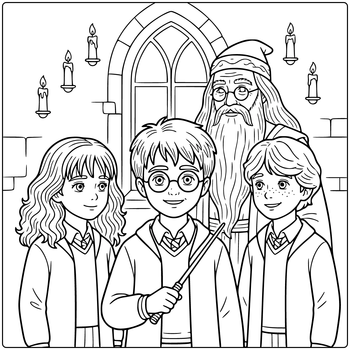 Cute Harry Potter in the Center with a Wand coloring page