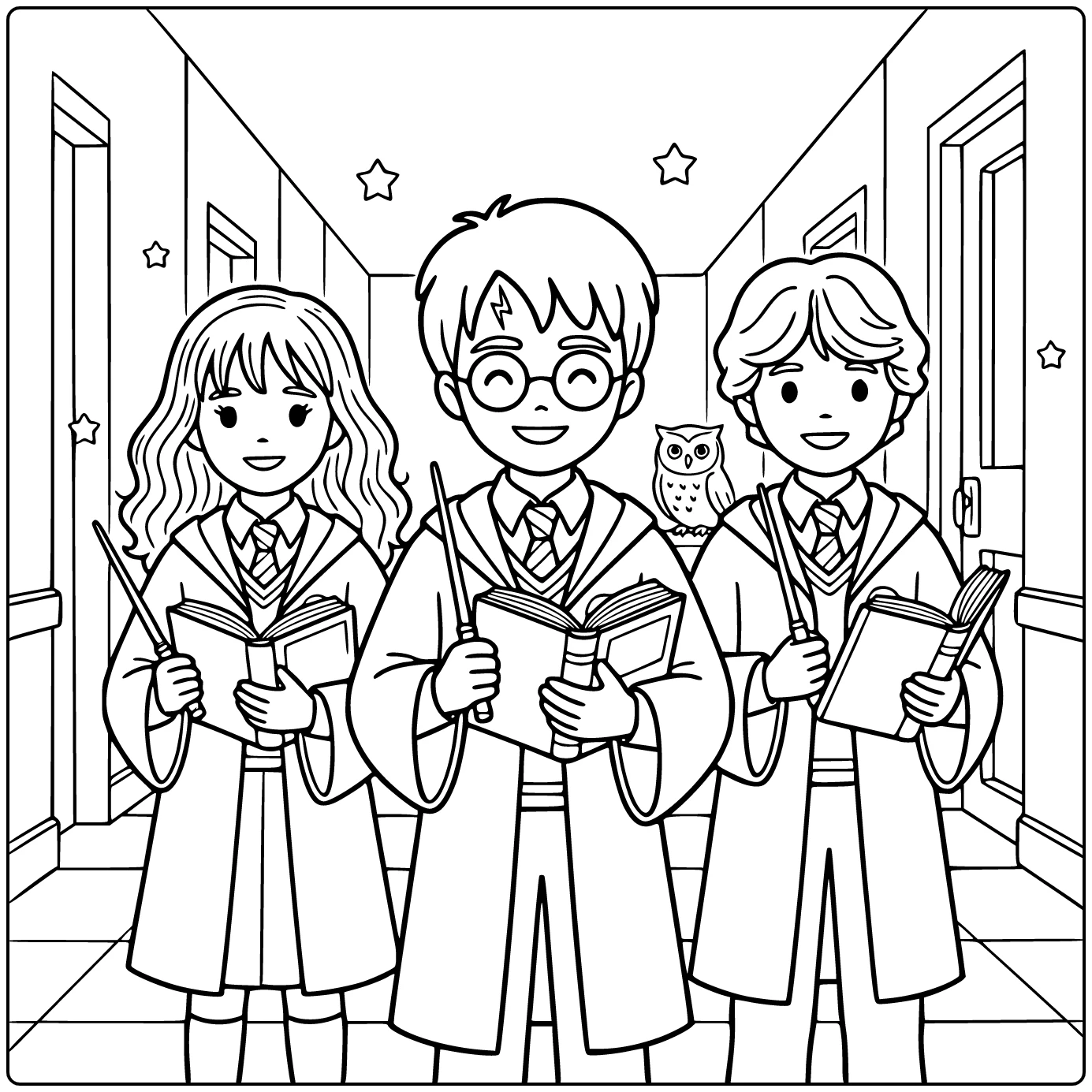 cute Harry Potter coloring page with smiling Harry, Hermione, and Ron