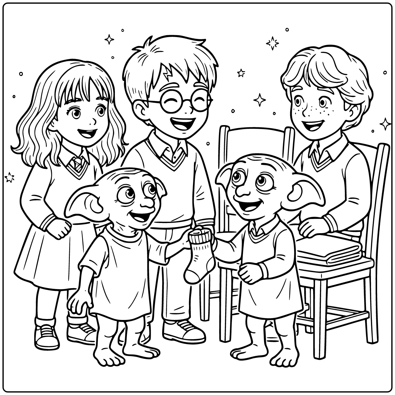 Cute Harry Potter Smiling with Dobby's Sock coloring page