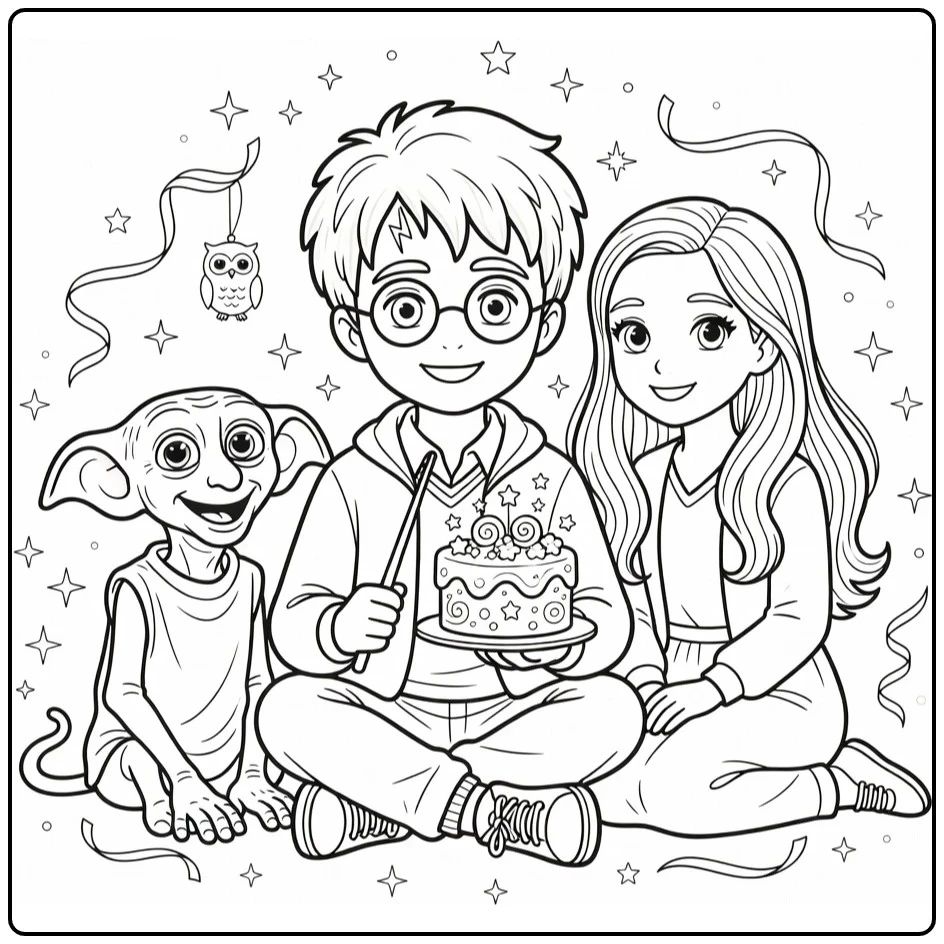 Cute Harry Potter with Cake and Wand coloring page