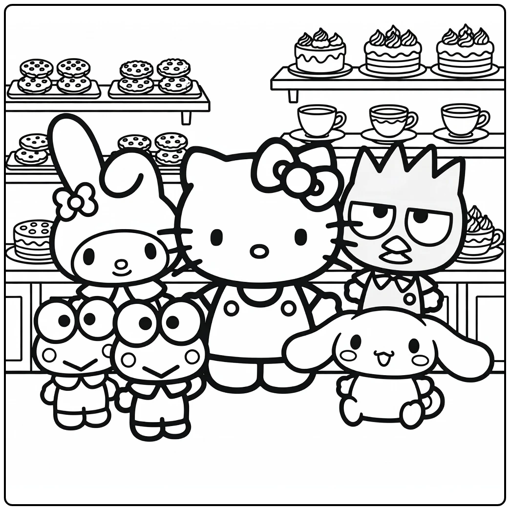 Hello Kitty and Friends in the Bakery coloring page