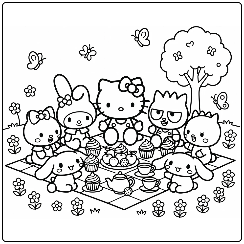 Hello Kitty and Friends Cheerful Garden Picnic with Fruit coloring page