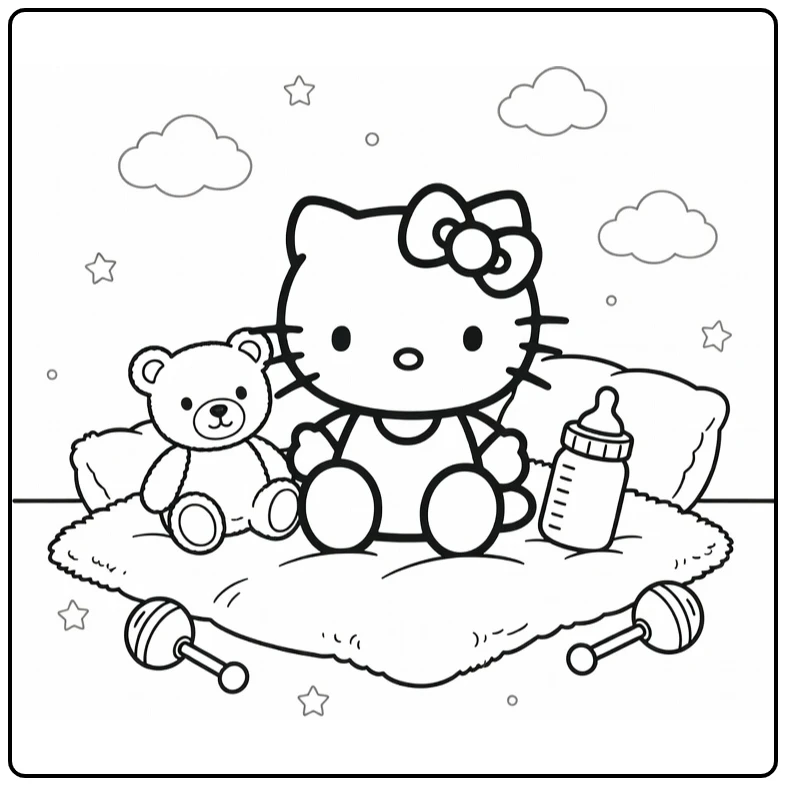 Hello Kitty Baby with Rattles and Stars coloring page