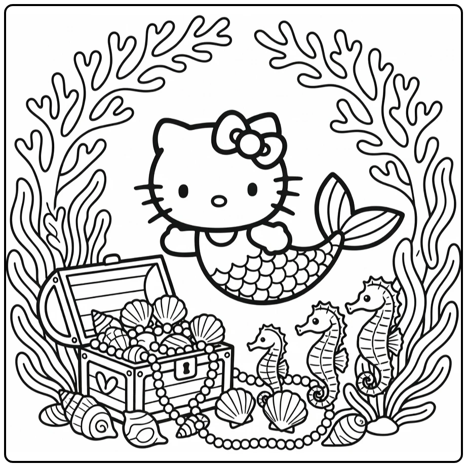 Hello Kitty Mermaid Swimming with Coral Arch and Shells coloring page