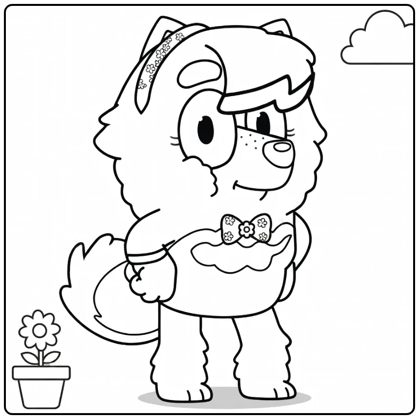 Judo Bluey coloring page in a white outfit with flowers
