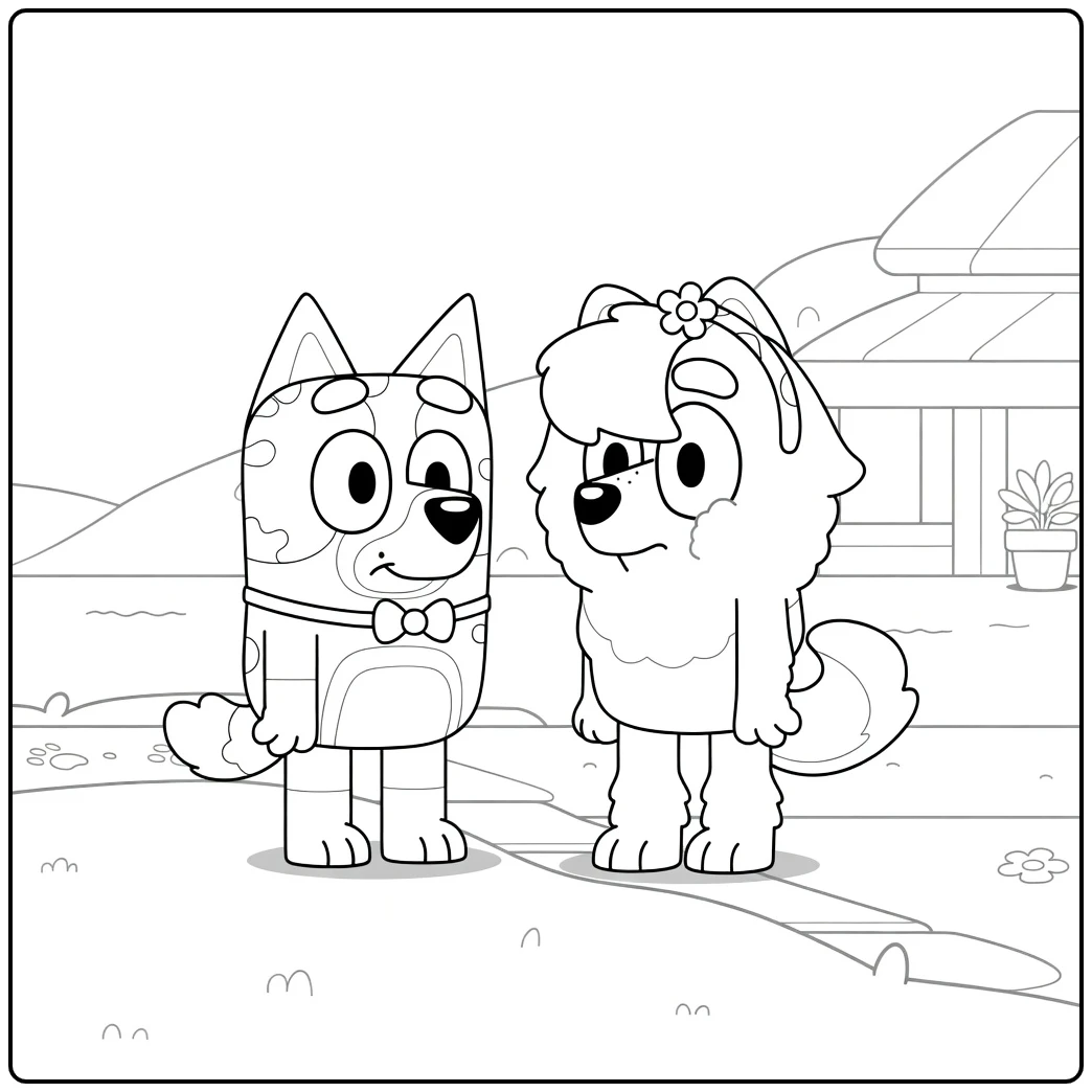 Judo Bluey and Bingo with the House coloring page