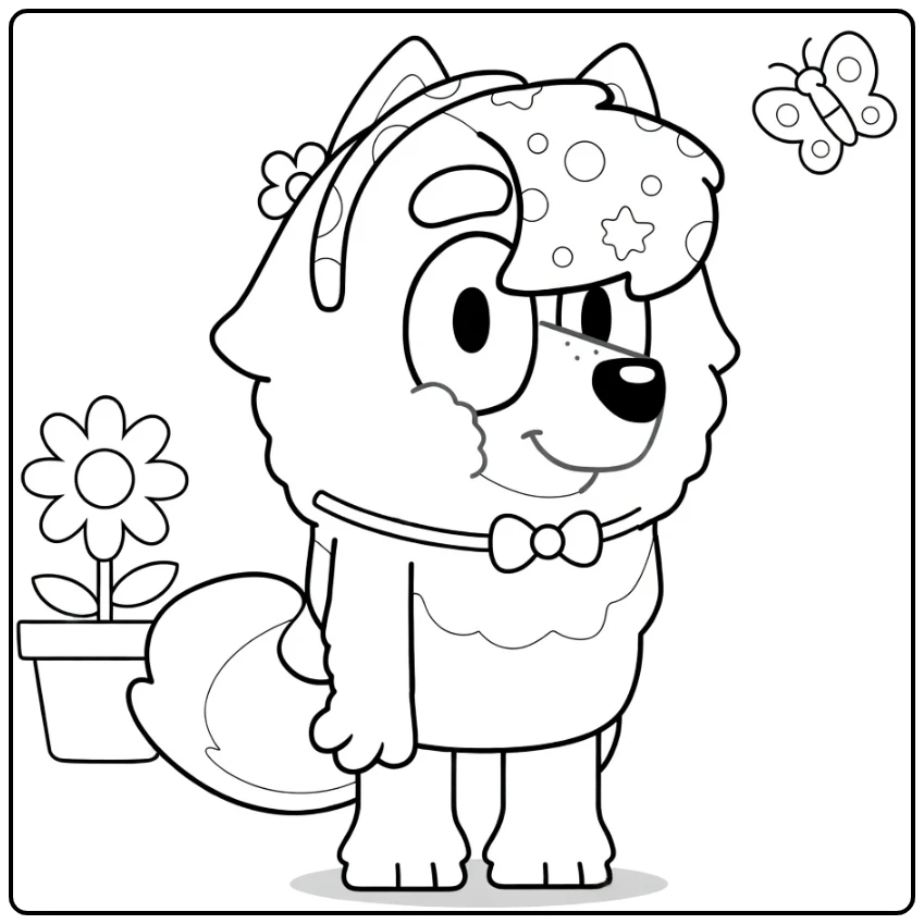 Judo Bluey in Party Outfit with Butterflies and Pot coloring page