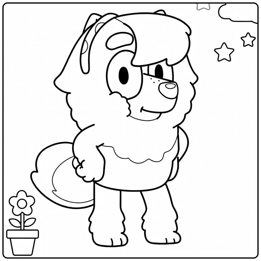 Judo Bluey Cheerful Standing with Small Plant coloring page