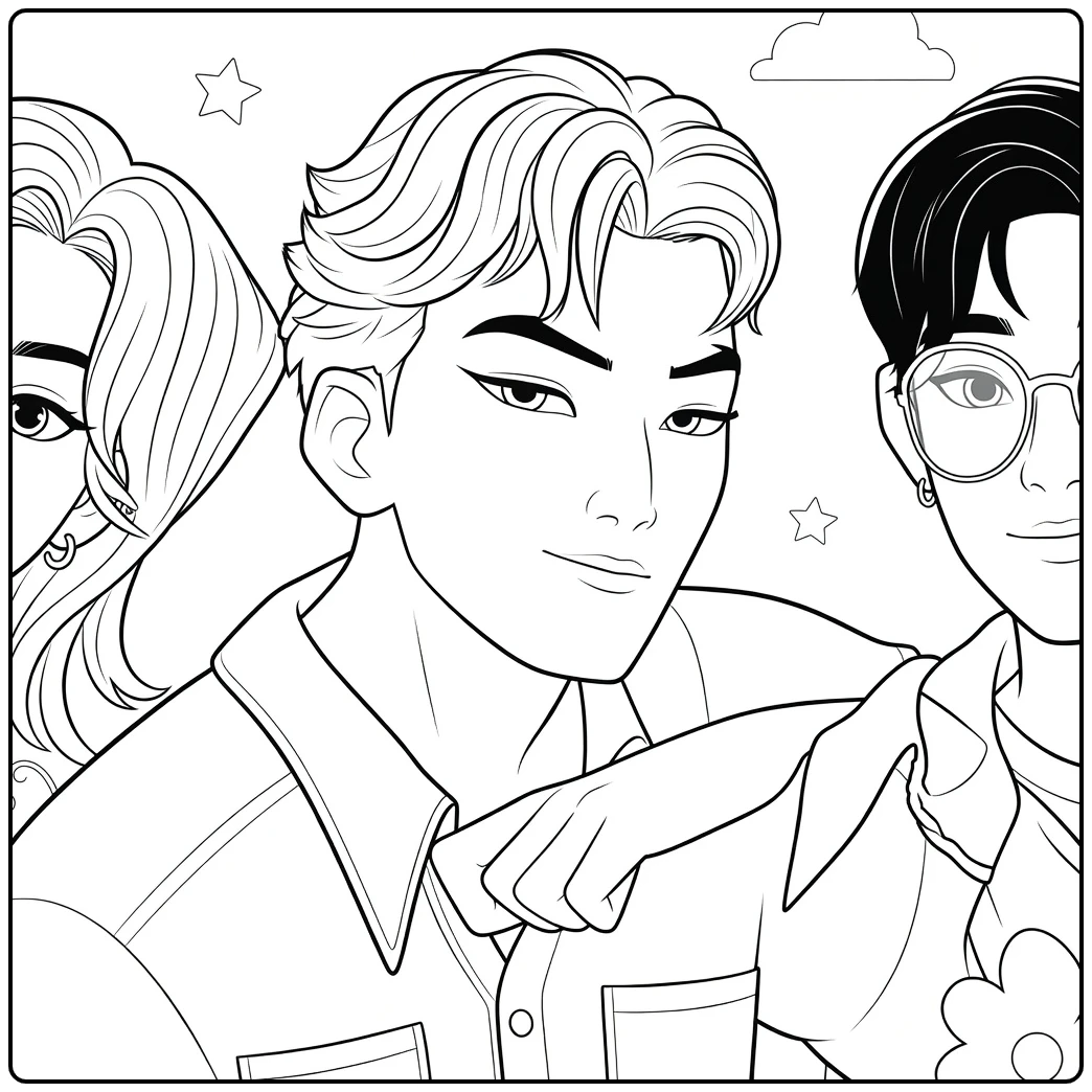 Kpop Demon Hunters Abby Saja in Cool Group Pose coloring page