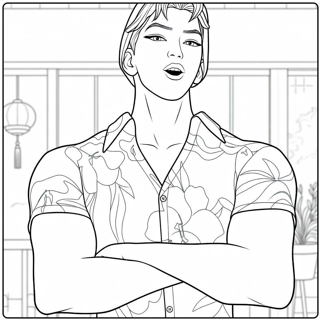 Kpop Demon Hunters Abby Saja coloring page with a floral shirt