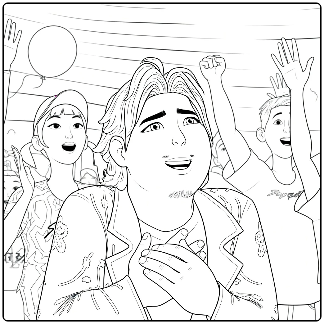 Kpop Demon Hunters Bobby in Festive Group coloring page