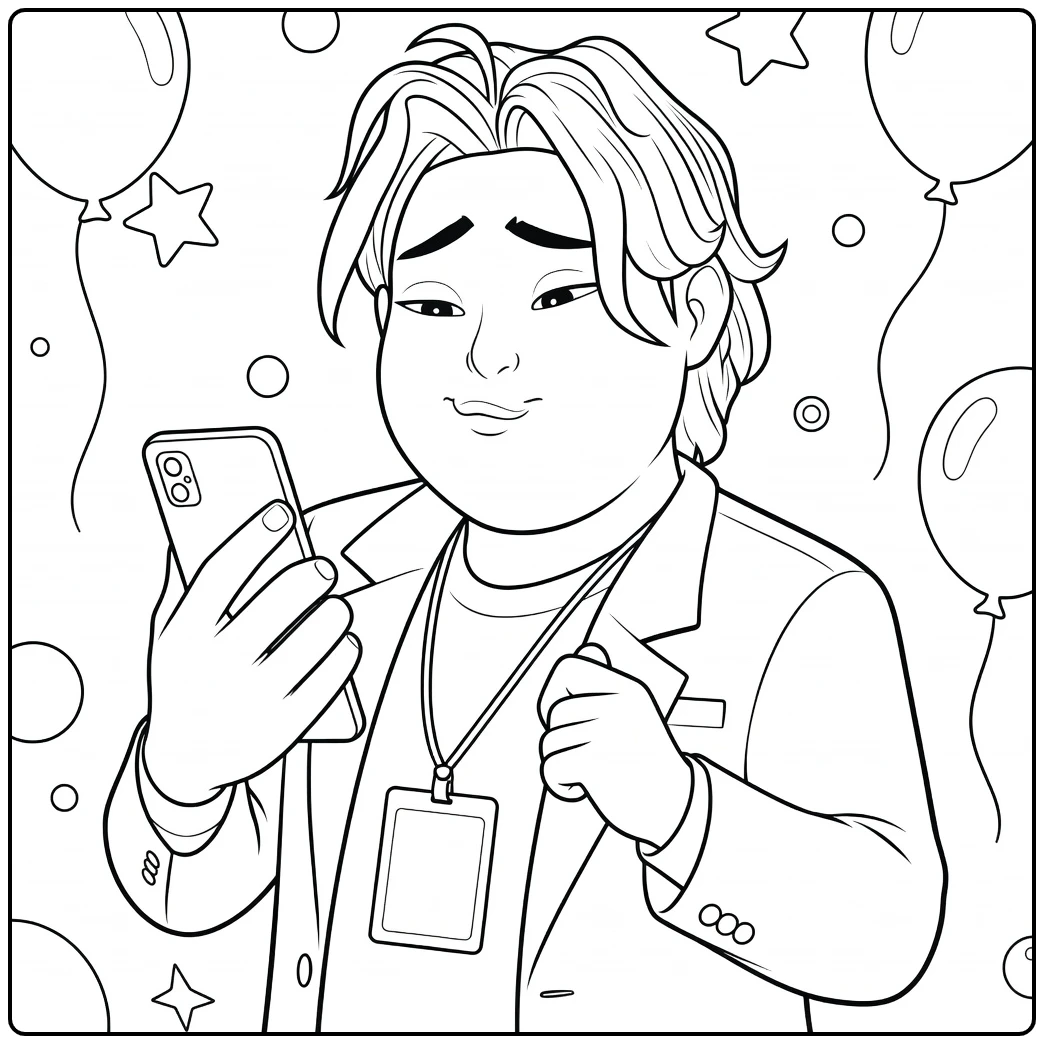 Kpop Demon Hunters Bobby coloring page with a phone and balloons