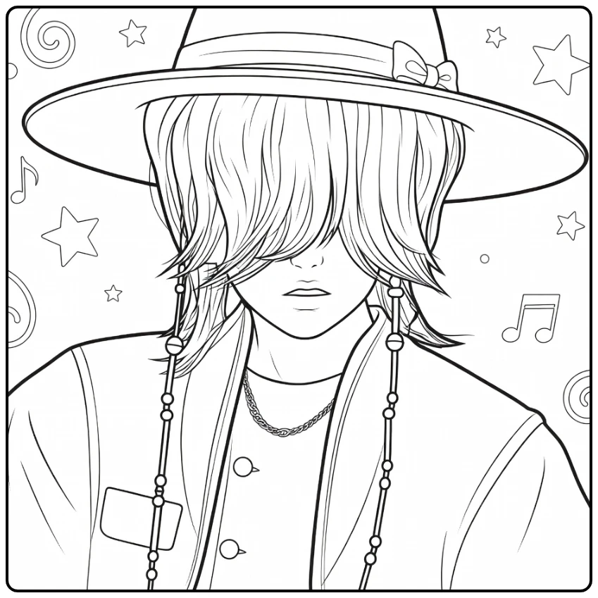 Kpop Demon Hunters Mystery Saja coloring page with a hat and music notes