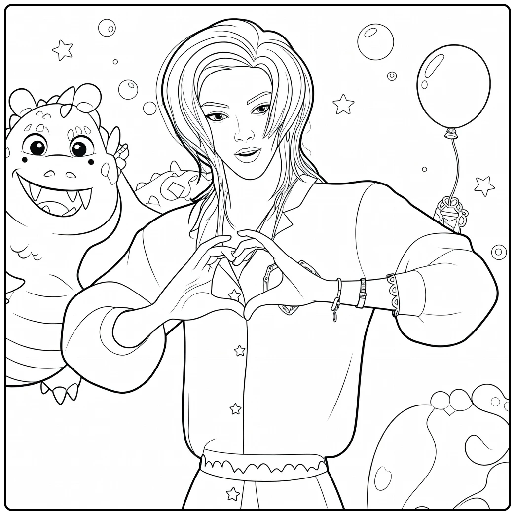 Kpop Demon Hunters Romance Saja and Cute Dragon coloring page