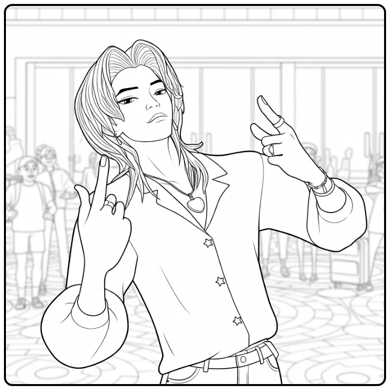 Kpop Demon Hunters Romance Saja coloring page making a peace sign