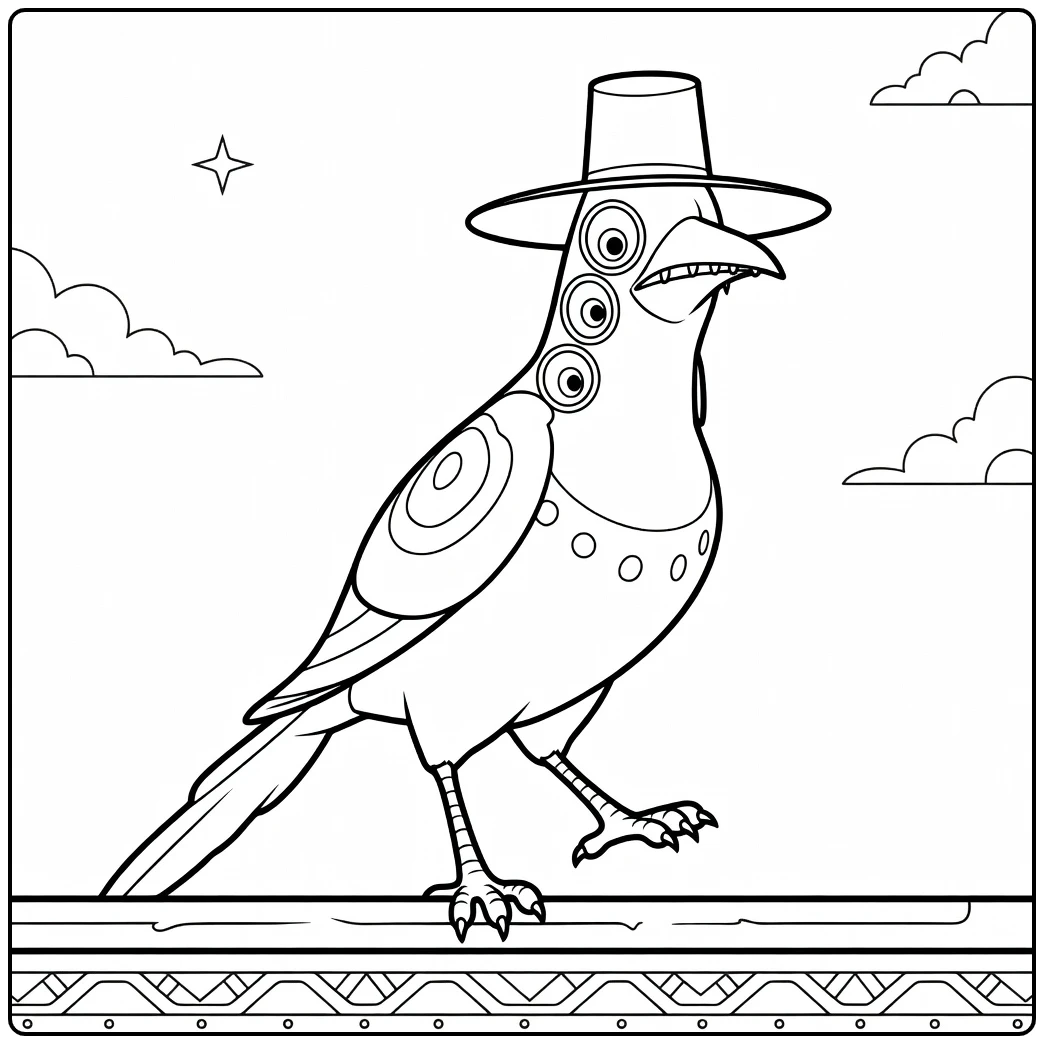 Kpop Demon Hunters Sussie coloring page with a funny bird in a hat
