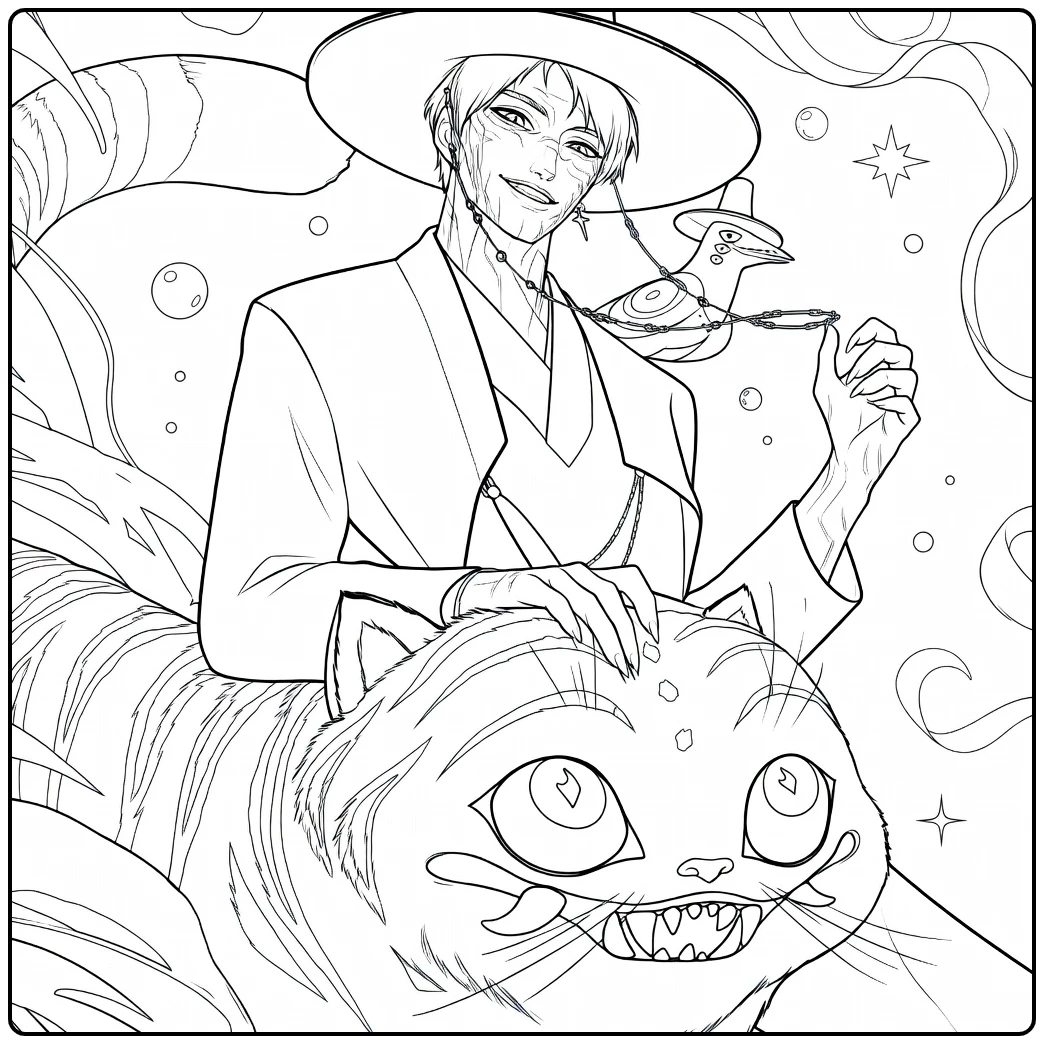 Kpop Demon Hunters Sussie with Hat and Bird on Cat coloring page