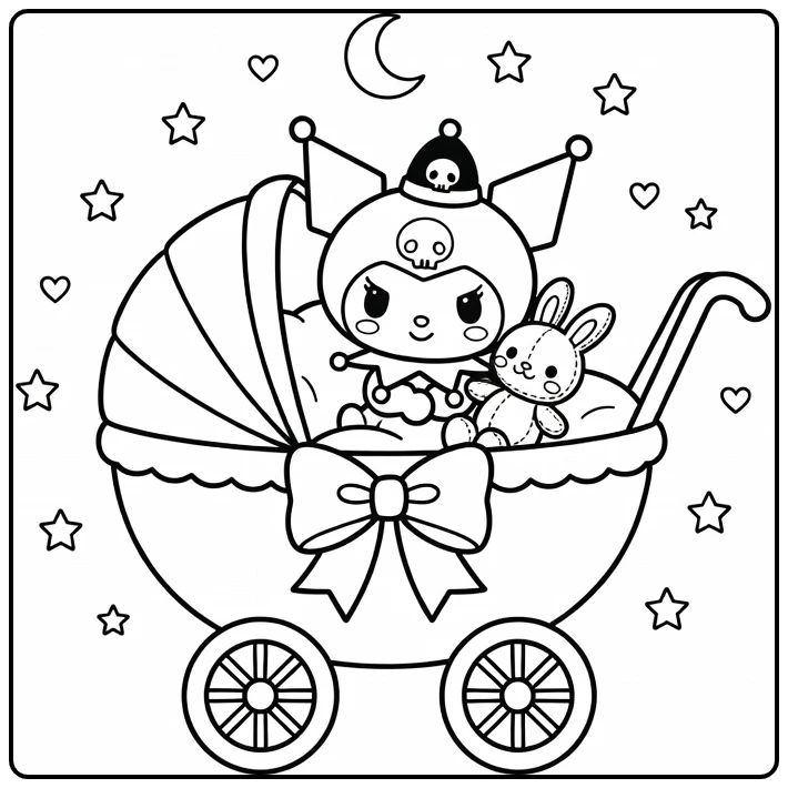 Kuromi Baby with Bow Hug and Bedtime Hearts Moon coloring page