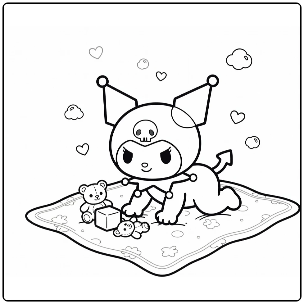 Kuromi Baby Playfully on Blanket with Hearts and Small Clouds coloring page
