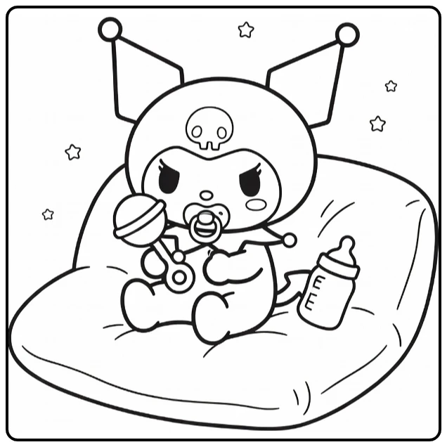 Kuromi Baby Sitting on Soft Pillow with Little Stars coloring page