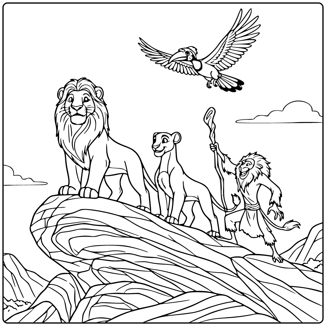 The Lion King coloring page with familiar characters