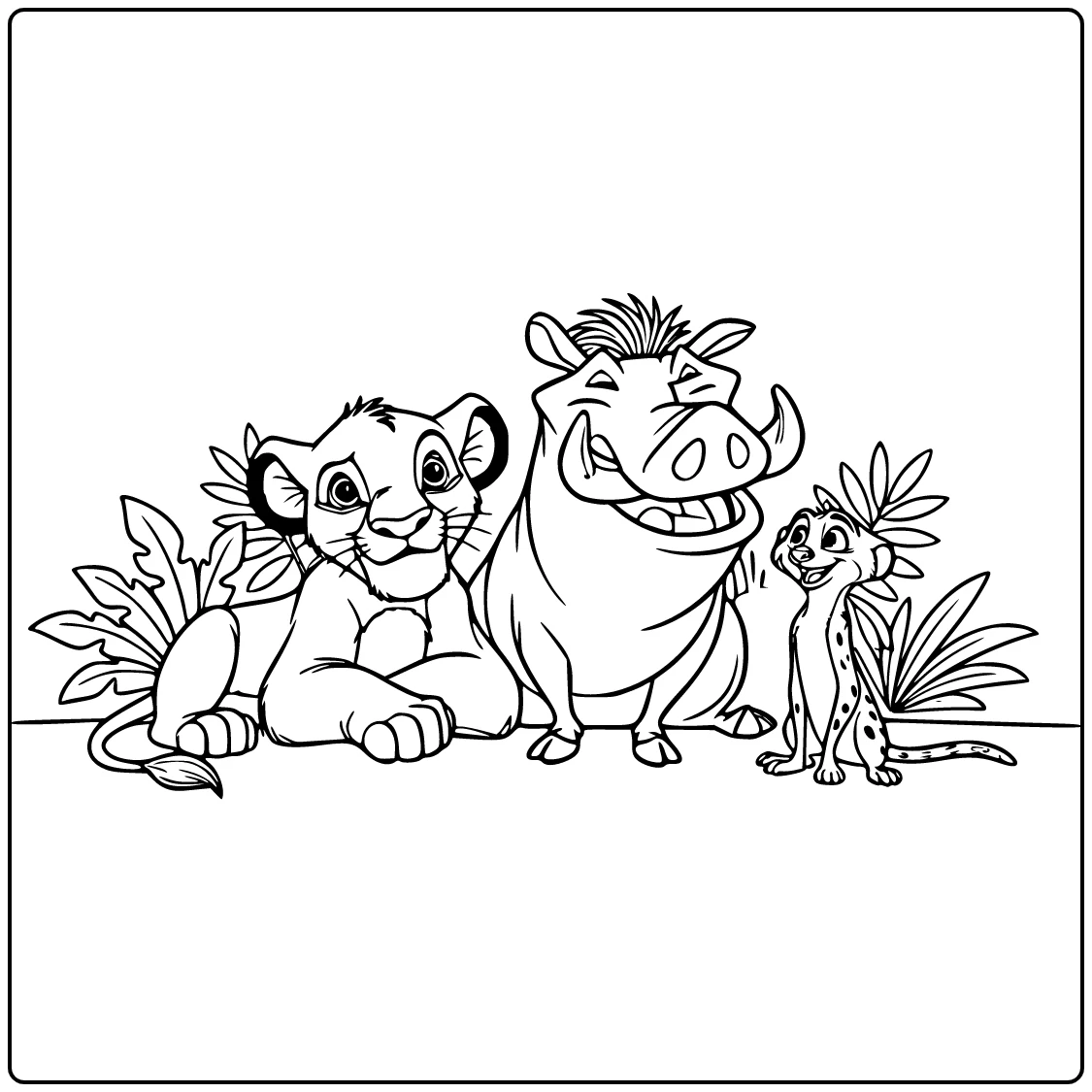The Lion King with Simba, Pumbaa, and Timon coloring page