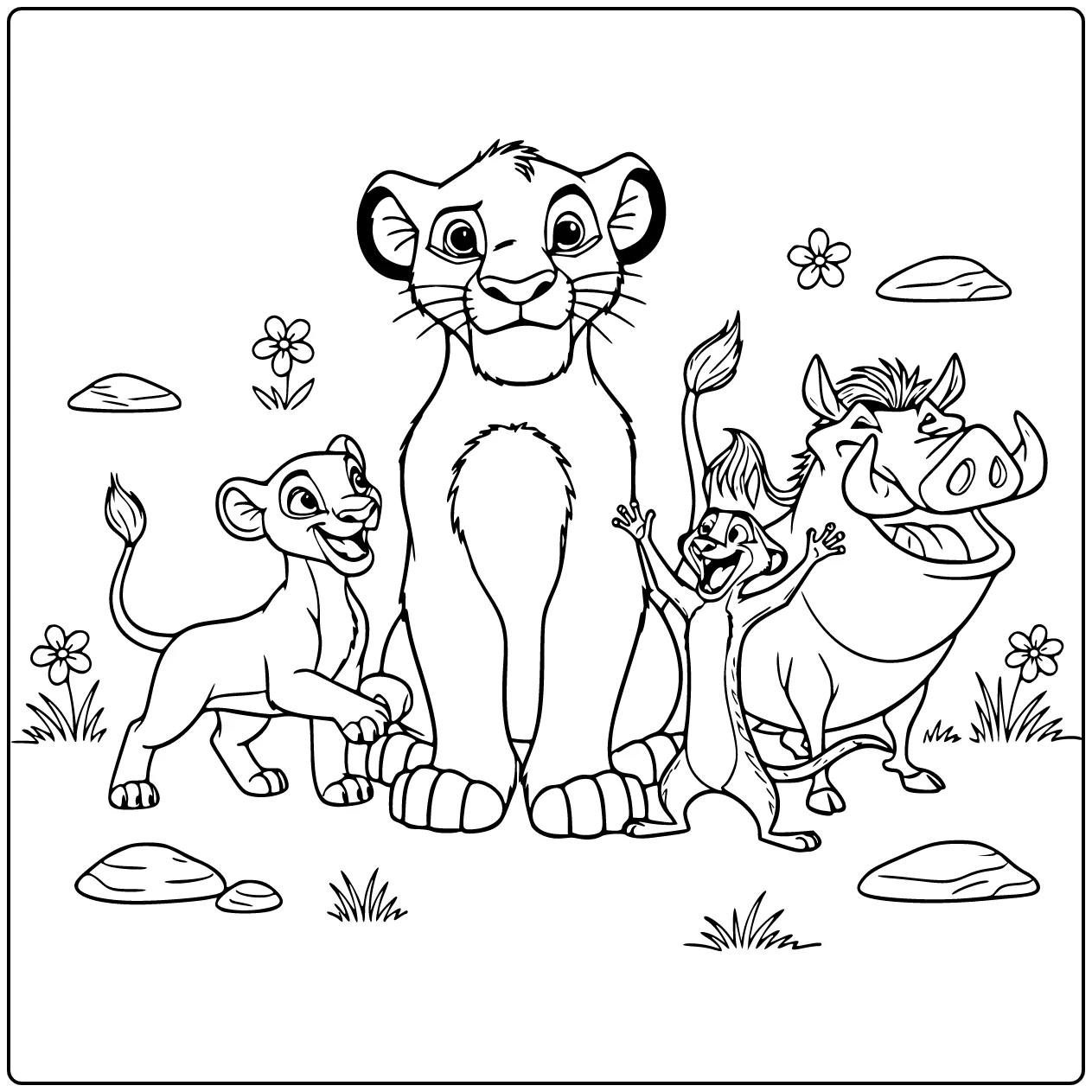 The Lion King with Simba in the Center Surrounded by Friends coloring page