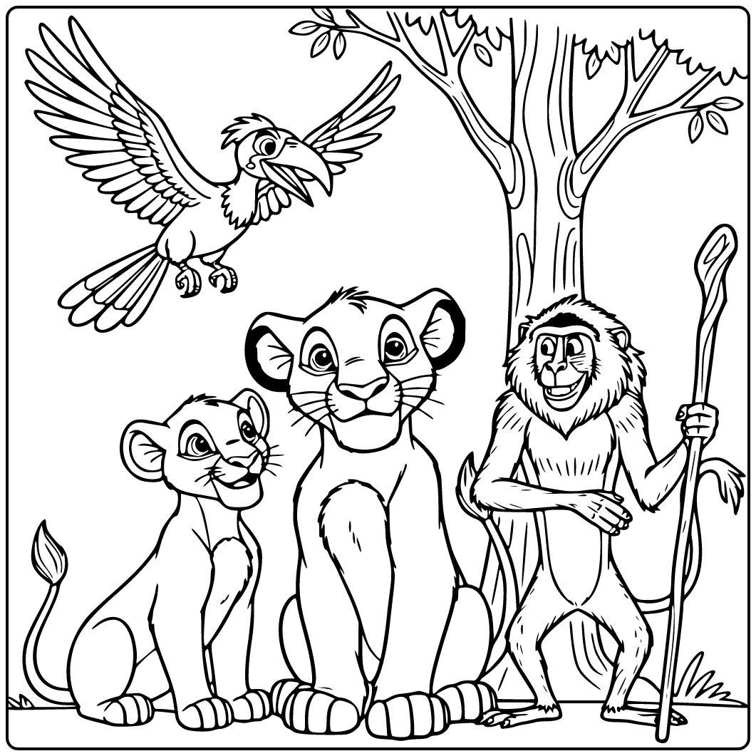 The Lion King with Simba and Nala Sitting Under Tree coloring page