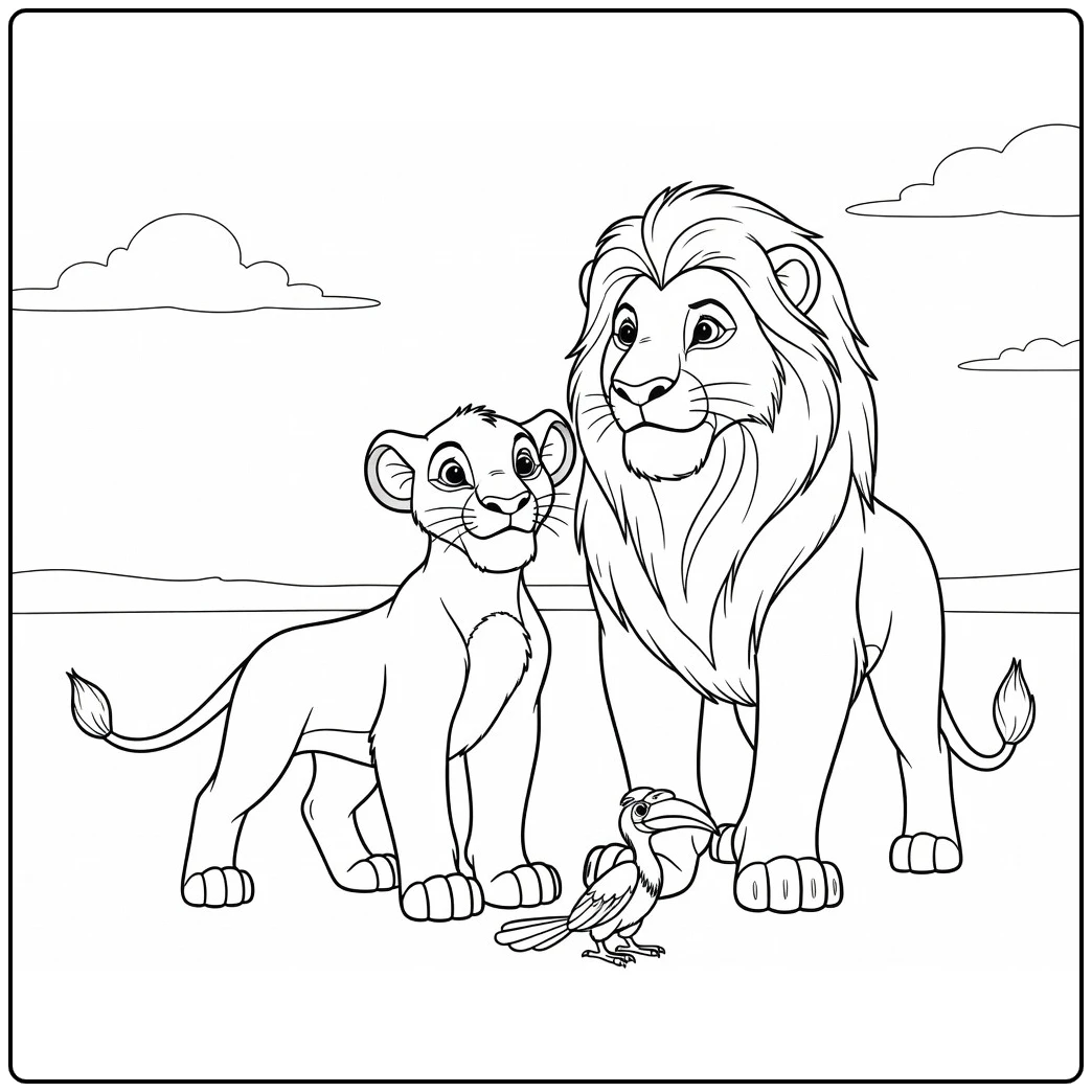 The Lion King with Simba Standing Proudly with Mufasa Calmly coloring page
