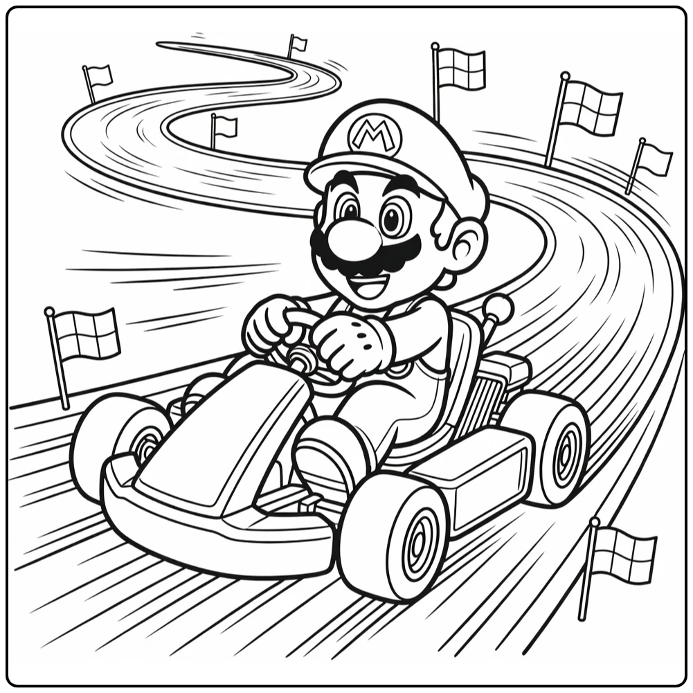 Kart Happy Mario Racing with Flags Turns coloring page