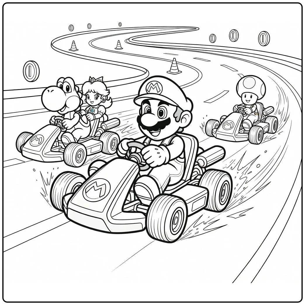 Mario Kart with Mario in a Sharp Drift coloring page