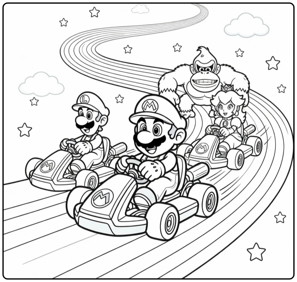 Mario Kart with Mario Racing on Rainbow Road coloring page