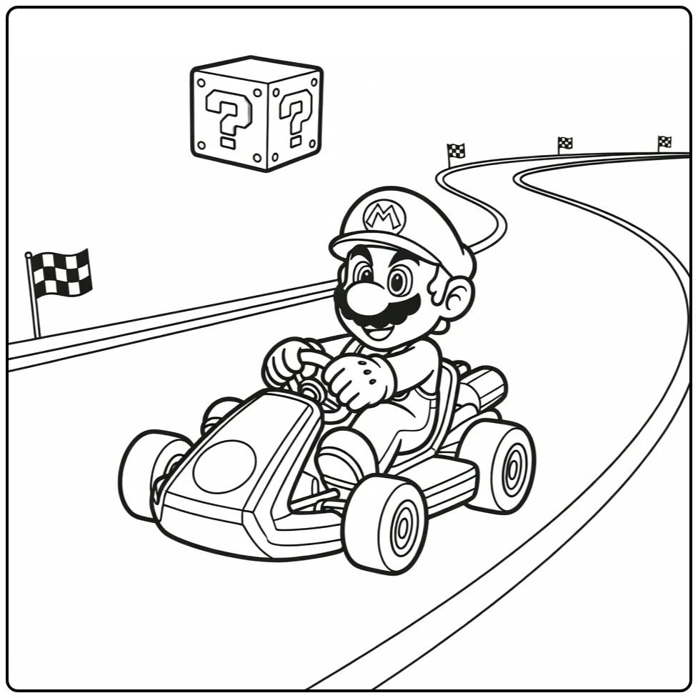 Kart Mario Racing Around Turn with Flags coloring page