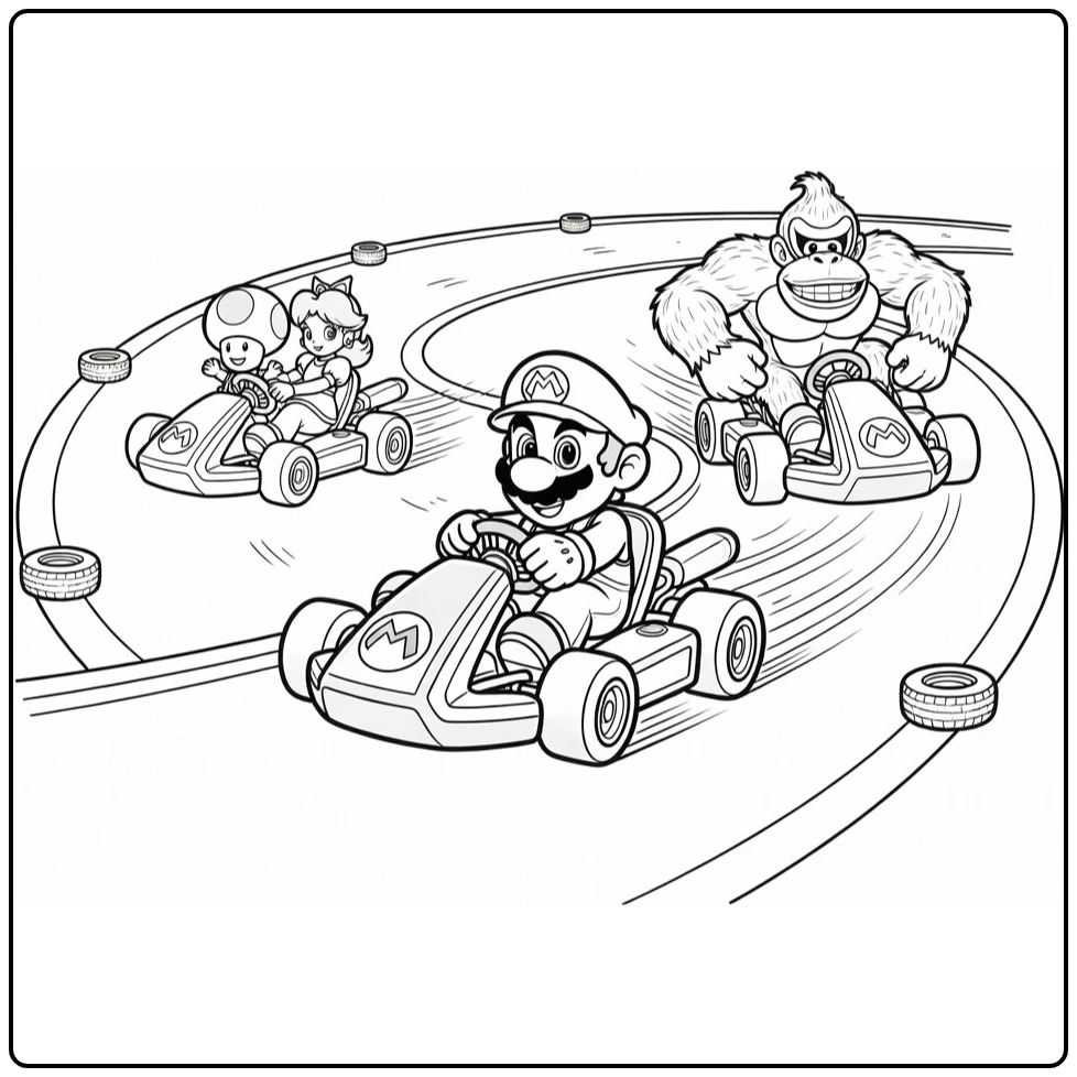 Mario Kart with Drifting Mario and Toad coloring page