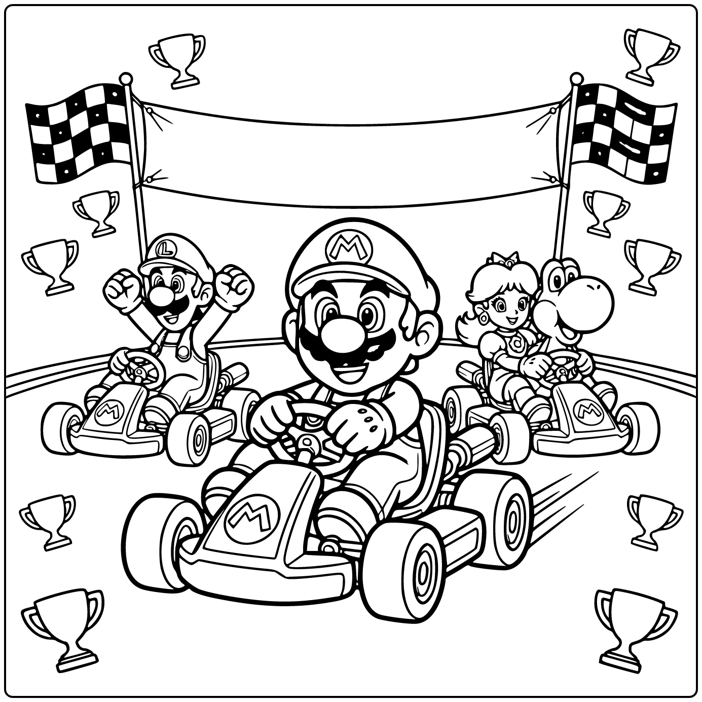 Mario Kart with Cheering Mario Crossing the Finish Line coloring page