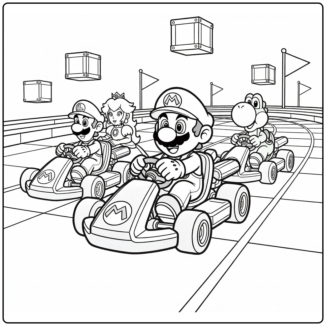 Mario Kart coloring page with Mario leading the race