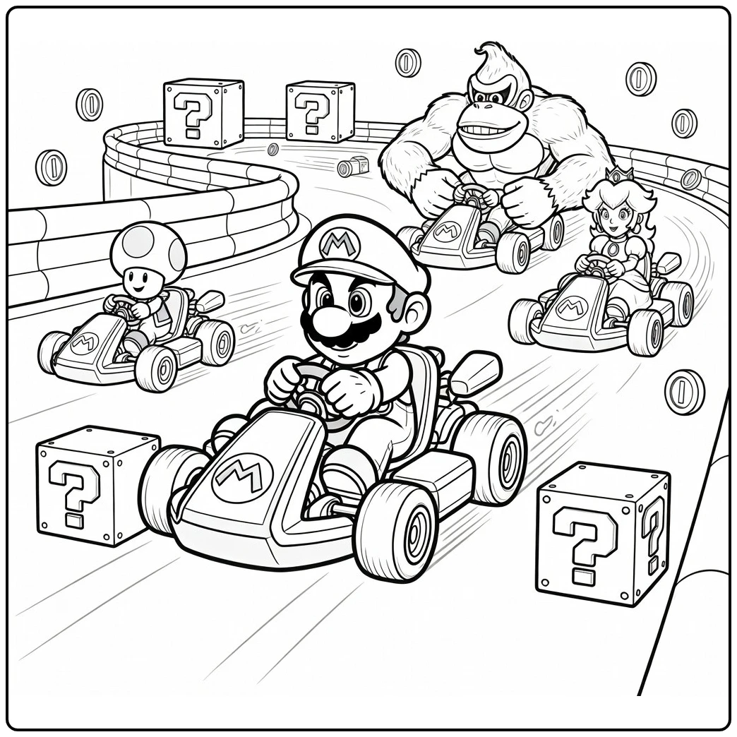 Mario Kart with Mario and a Row of Item Boxes coloring page